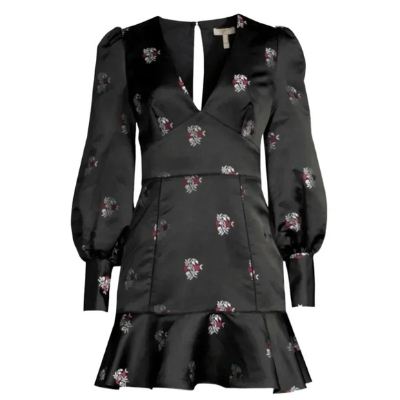 Joie Minia Black Caviar Puff Balloon Sleeve Embroidered Floral Print Dress 00 - Picture 1 of 16